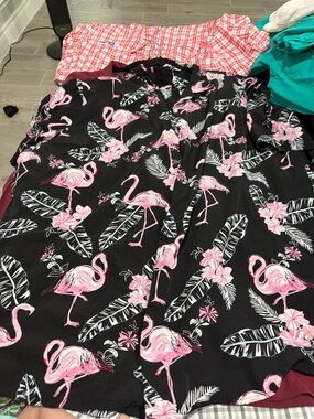 Casual Button-Down Shirt - Black with Pink Flamingo Print